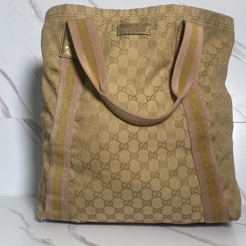 GUCCI GG Canvas Sherry Line Tote Bag Beige, Pink, & Gold
